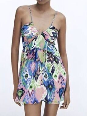 ZARA Multi-Color Printed Halter Mini Dress Sz S
